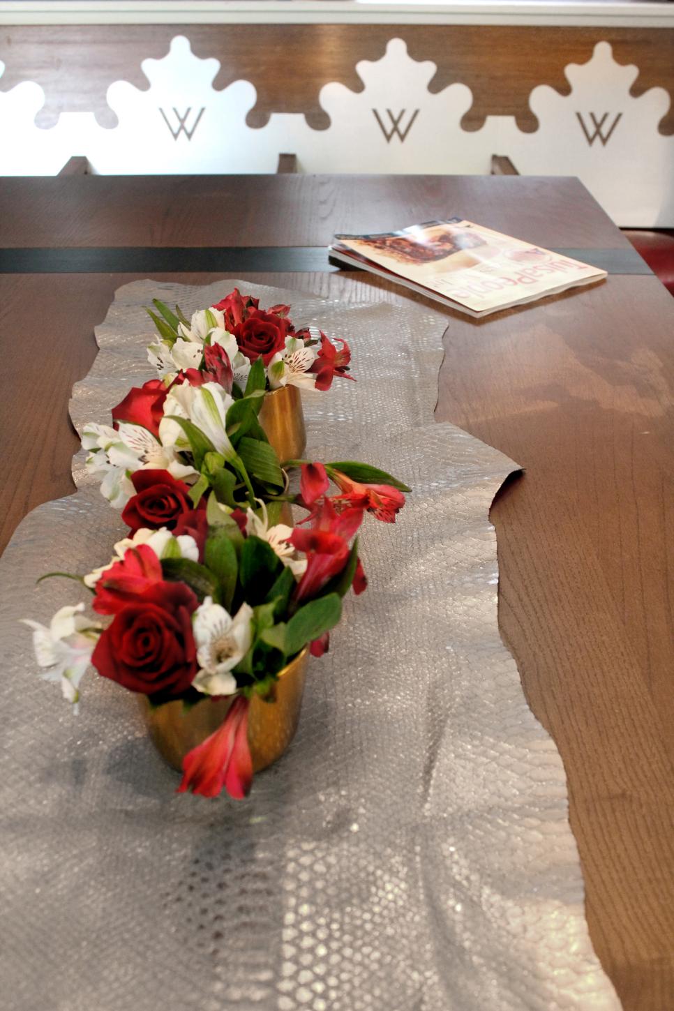 Eclectic Dining Room Table With Faux Snakeskin Runner Eclectic Dining Room Table With Faux Snakeskin Runner and Gold Vases