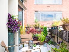 Colorful Plantings and Woven Seating on Balcony