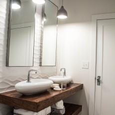 Floating Wood Double Vanity Adds Interest in White Modern Bathroom