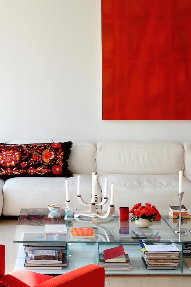 Modern Living Room With Bright Red Wall Art Living Room With White Sofa and Vivid Red Wall Art