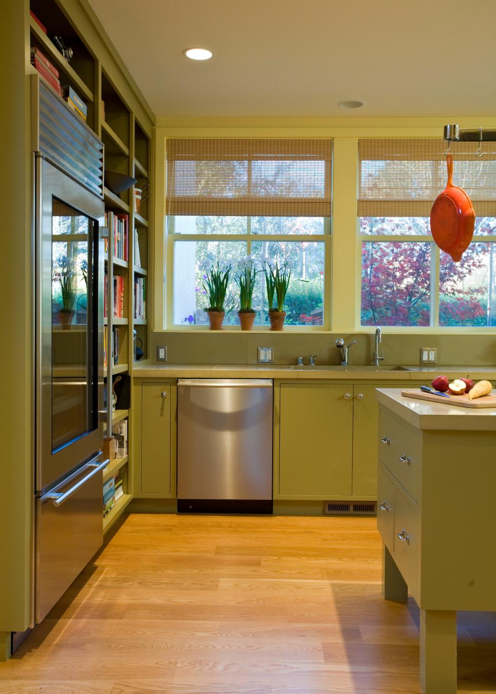 Modern Stainless Steel Appliances in Transitional Kitchen Stainless Steel Refrigerator and Dishwasher in Yellow Kitchen