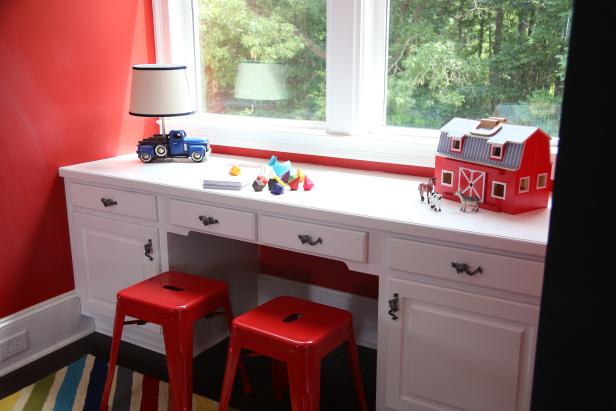 Classic White Desk in Bold Red Playroom