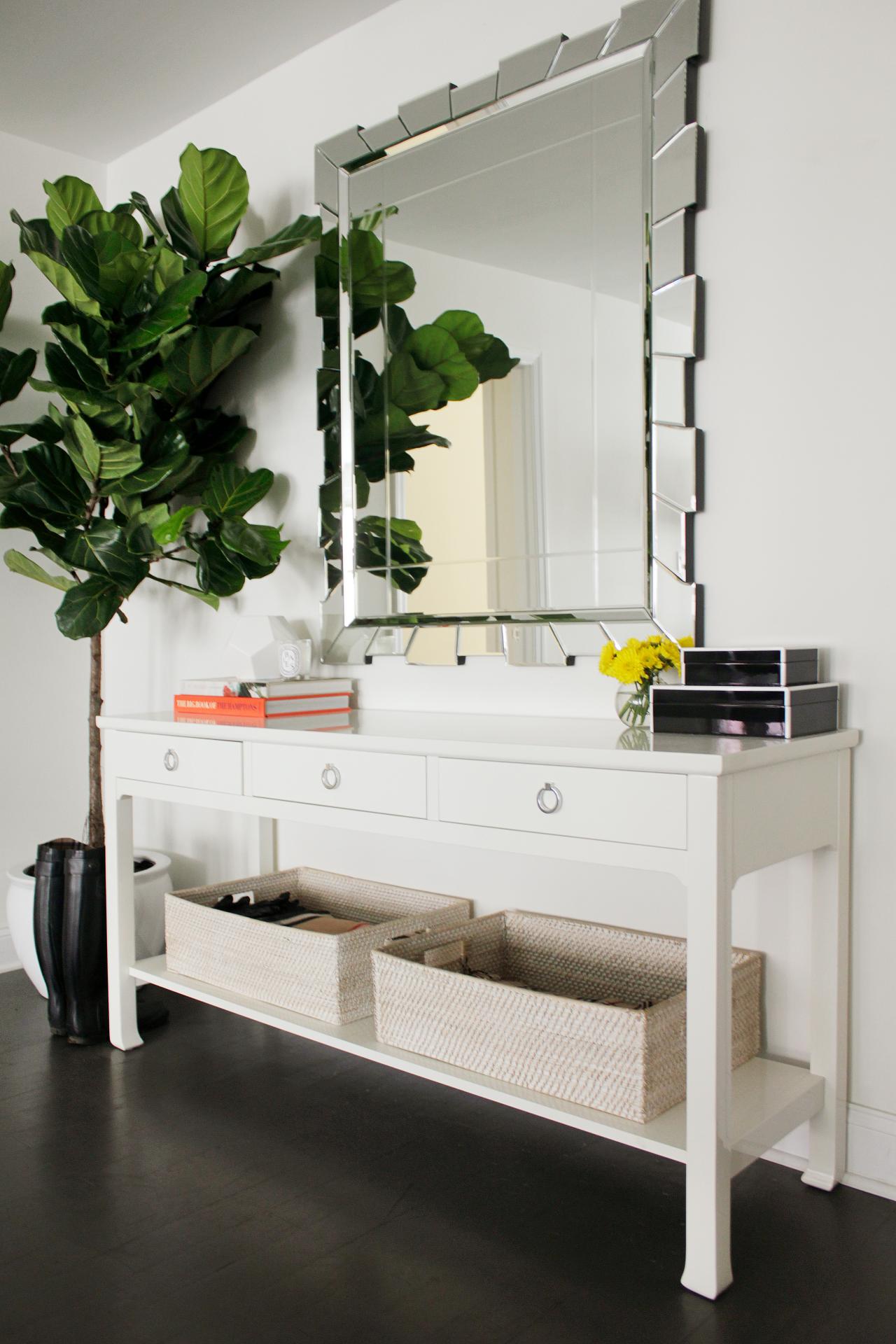 Transitional White Foyer With Console Table and Wall Mirror | HGTV