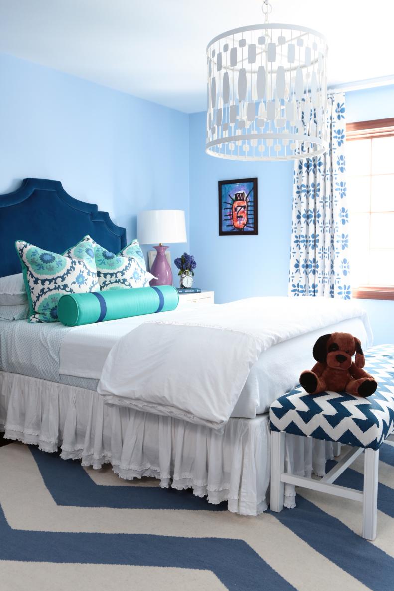 Blue Contemporary Kid's Bedroom With Chevron Rug and Bench
