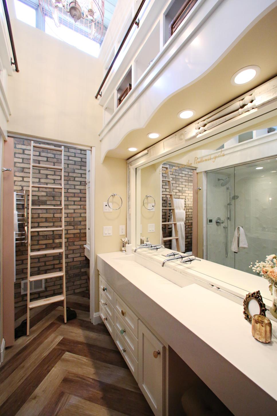 Neutral Transitional Family Bathroom With Double Vanity Neutral Transitional Family Bathroom With Long Double Vanity