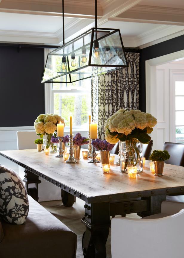 Table Dining With chandelier and navy Wood Hydrangea Candle  White Centerpiece old