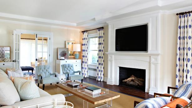 Neutral Living Room With White Fireplace and Polka Dot Drapes Neutral Living Room With White Fireplace and Polka Dot Drapes