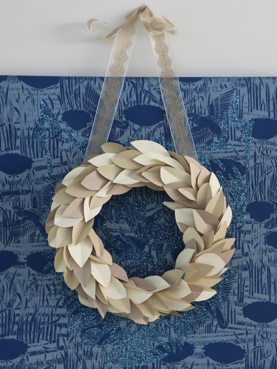 Contemporary Paper Wreath Neutral Contemporary Paper Leaf Wreath on Blue Canvas Print