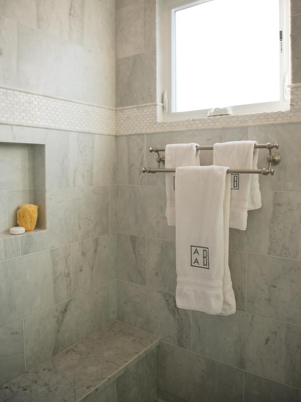 Luxurious Marble Shower With Niche and Built-In Seat Gray Stone Shower With Window