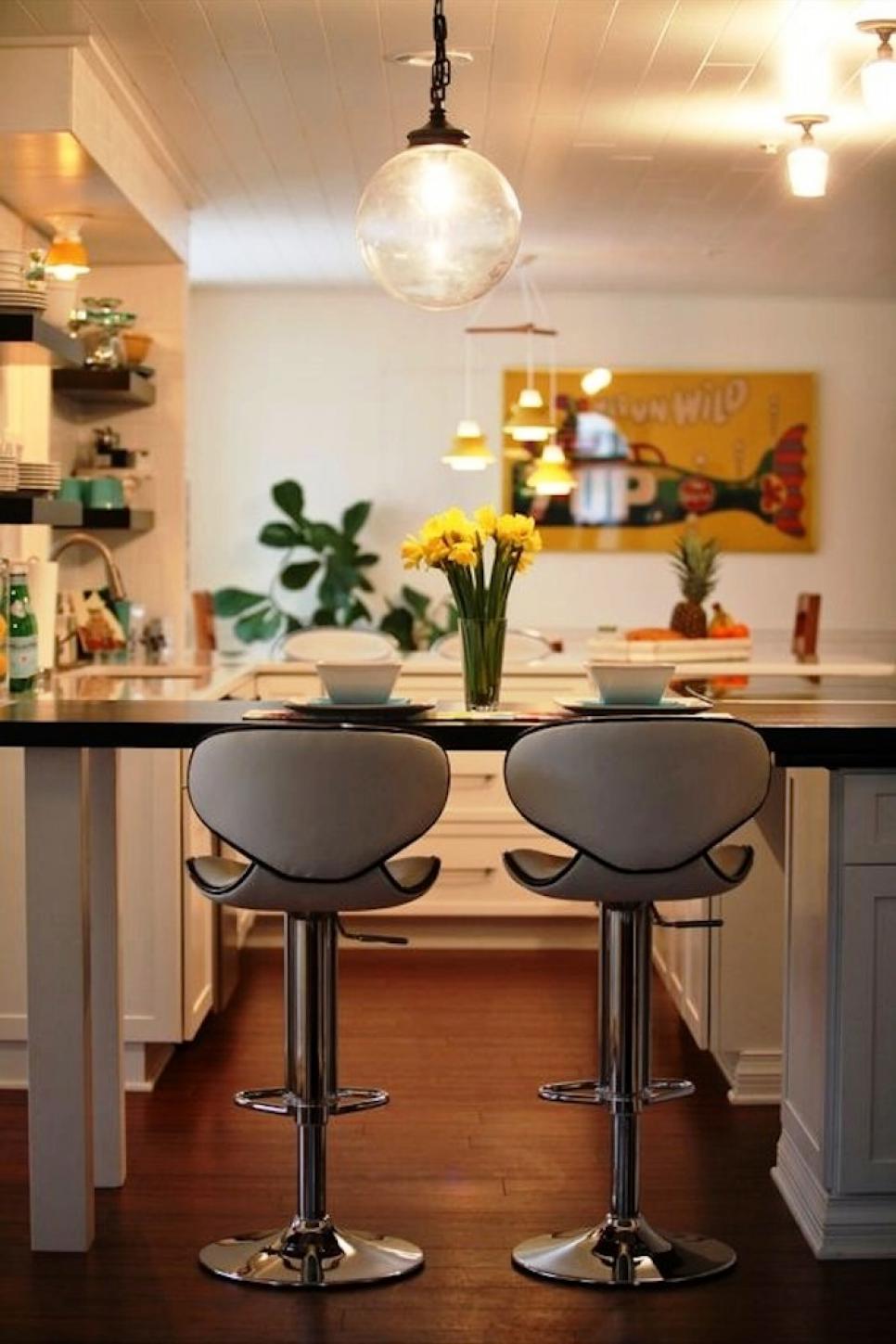 Open-Plan Kitchen With Plank Ceiling and Breakfast Nook White Transitional Kitchen With Island Seating and Plank Ceiling