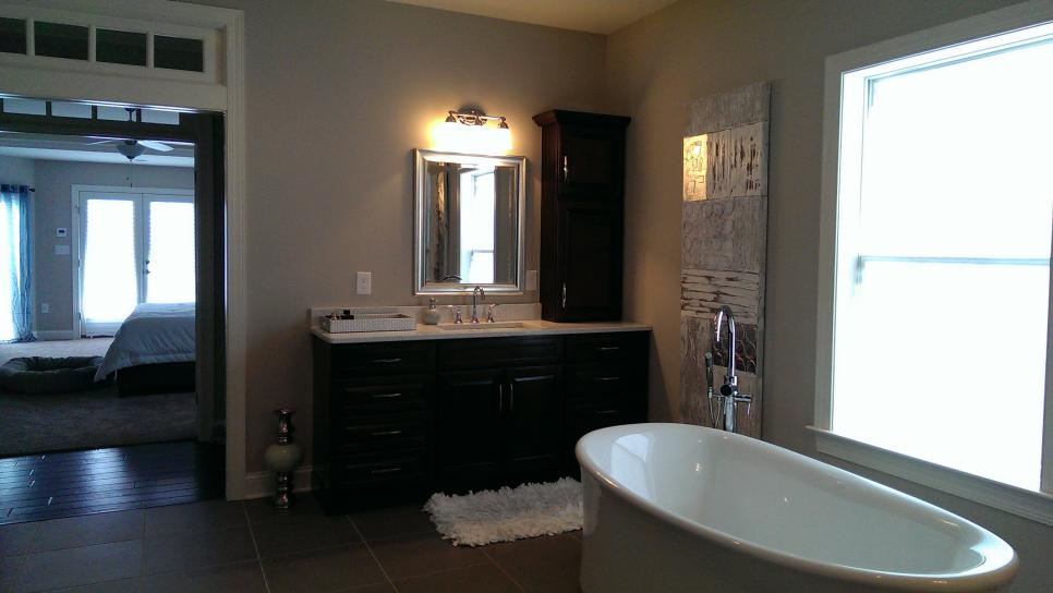 Contemporary Neutral Bathroom With Soaking Tub Contemporary Beige Bathroom With Espresso Vanity and Freestanding Tub