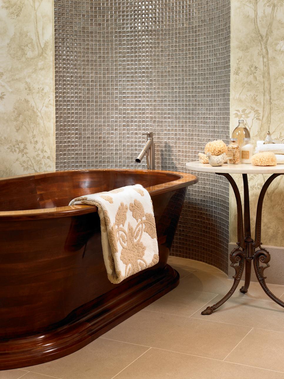 Contemporary Bathroom with Wooden Soaking Tub and Tile Walls Wooden soaking tub in a contemporary spa bathroom