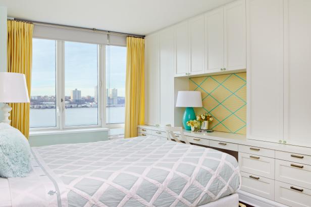 Girl's Room With Wall of Storage and Bright Yellow Curtains Girl's Room With Wall of Storage and Bright Yellow Curtains