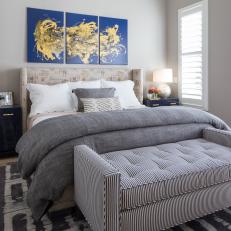 Transitional Gray Bedroom With Stylish Striped Bench