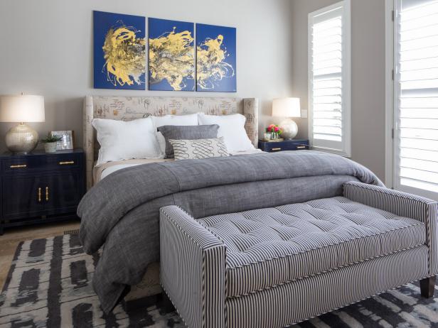 Transitional Gray Bedroom With Stylish Striped Bench Transitional Gray Bedroom With Stylish Striped Bench