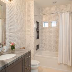 Transitional Bathroom With White Tiled Wall