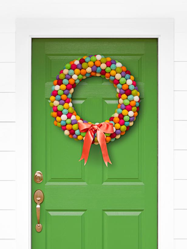 Green Front Door with Multi-Colored DIY Wreath Green Front Door with Multi-Colored DIY Wreath