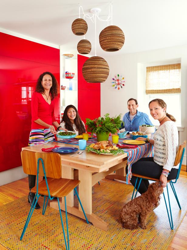 bright red urban dining area