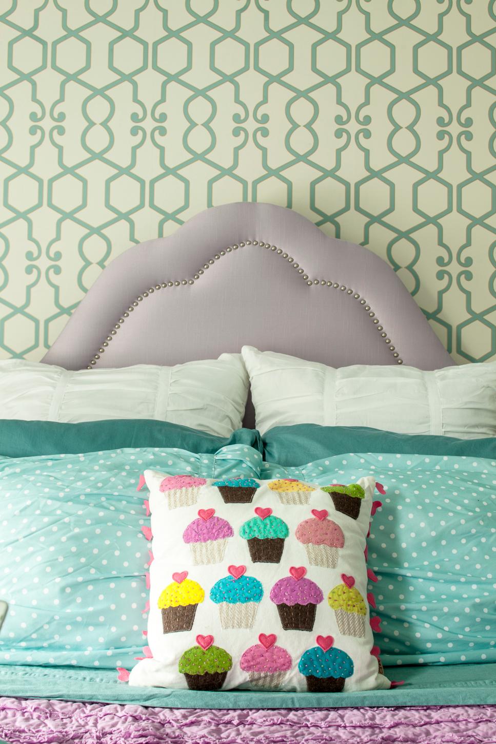 Stylish Girl's Bedroom With Lavender Headboard Girl's Room With Turquoise and White Patterned Wallpaper