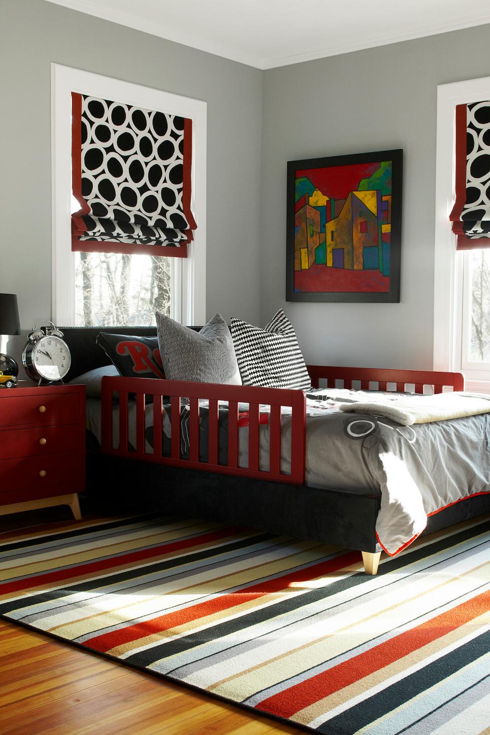 Vibrant Mixed Patterns Wow in Boy's Bedroom Gray Boy's Bedroom With Multicolor Striped Rug and Gray Bedding