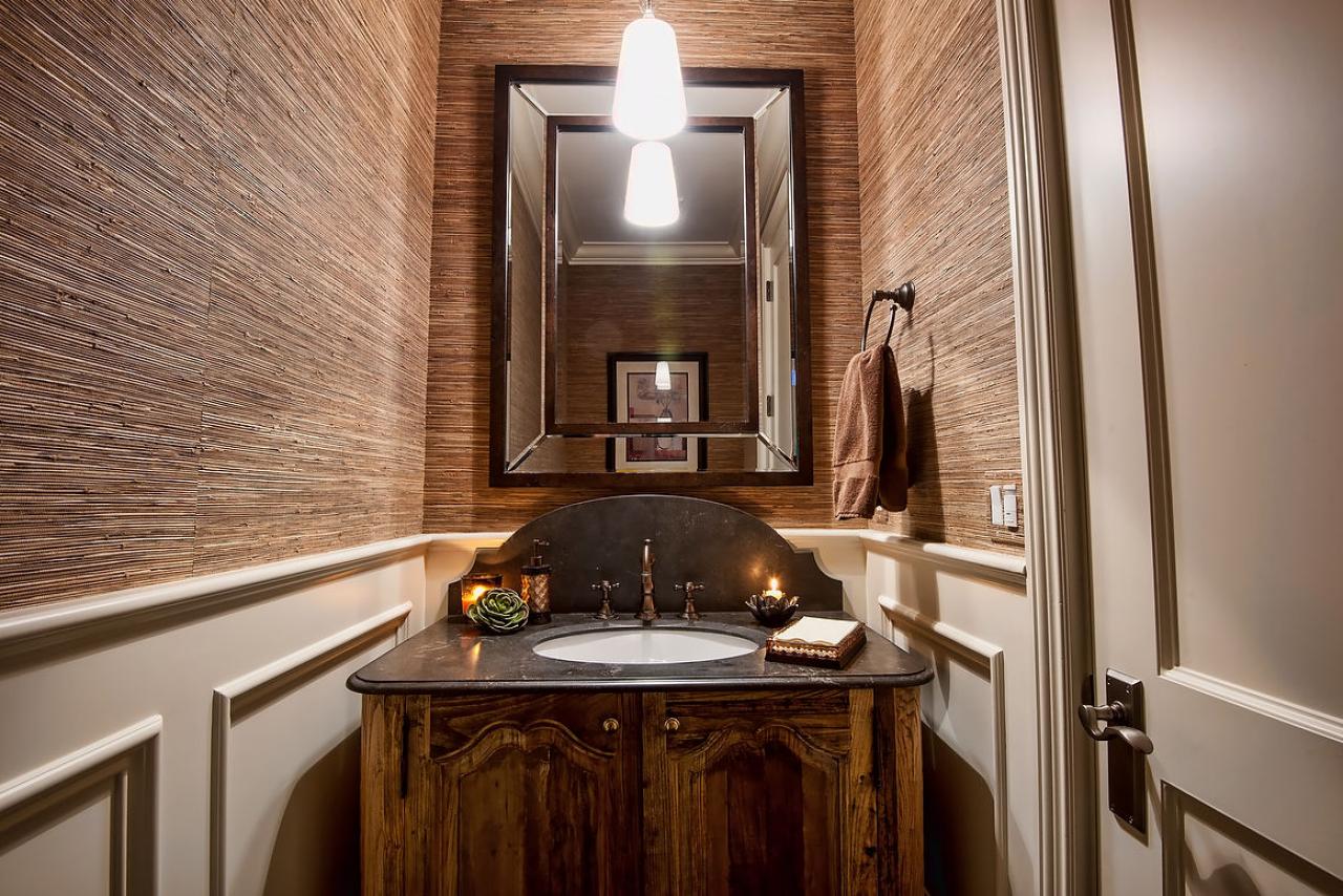Masculine Powder Room With Seagrass Wallpaper and Handsome Vanity ...