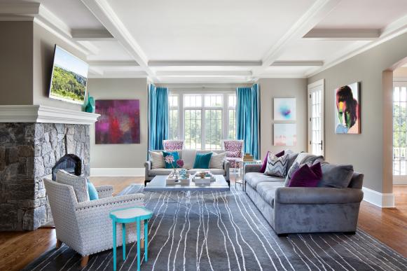 Contemporary Gray Family Room With Aqua Accents Contemporary Gray Family Room With Aqua Accents