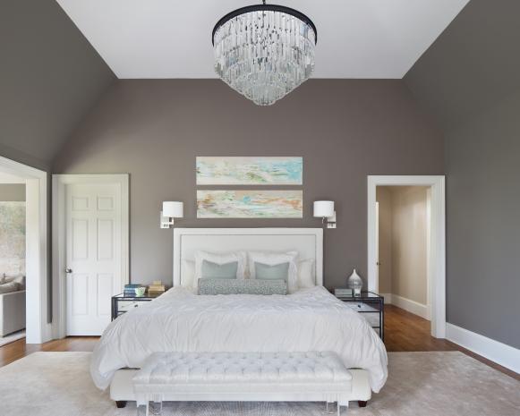 Transitional Gray Bedroom With Glamorous Chandelier Transitional Gray Bedroom With Glamorous Chandelier