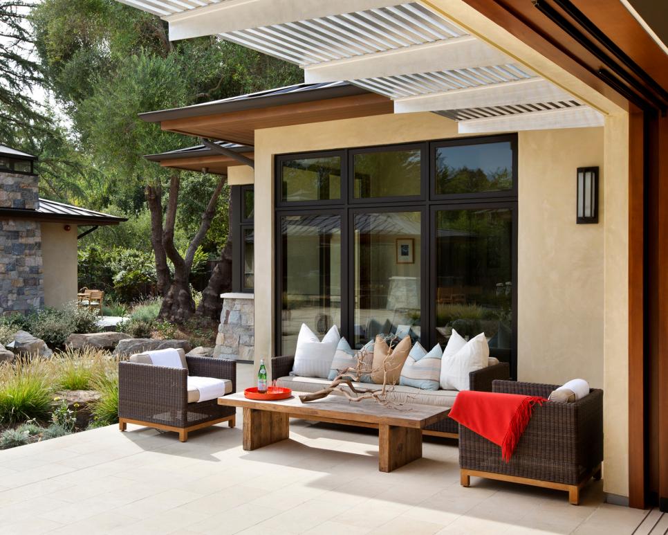 Peaceful Backyard Patio With Woven Outdoor Furniture Contemporary Back Patio With Brown Outdoor Furniture