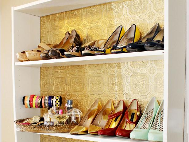 Shoe Rack With Gold Wallpaper Backing Shoe Rack With Gold Wallpaper Backing