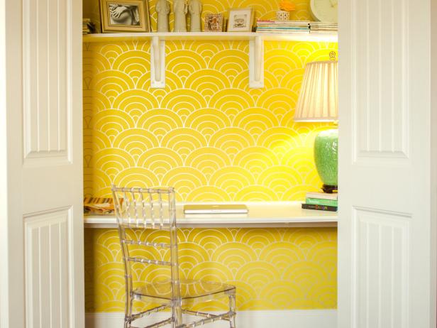 Yellow Home Office Tucked in Closet