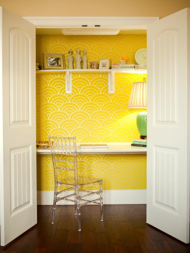 Yellow Home Office Tucked in Closet Yellow Home Office Tucked in Closet