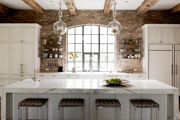 Marble Waterfall Island Wows in Charming Brick Kitchen Marble Waterfall Island Wows in Charming Brick Kitchen