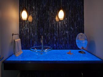 Eclectic Powder Room With Recycled, Light Up Blue Countertop