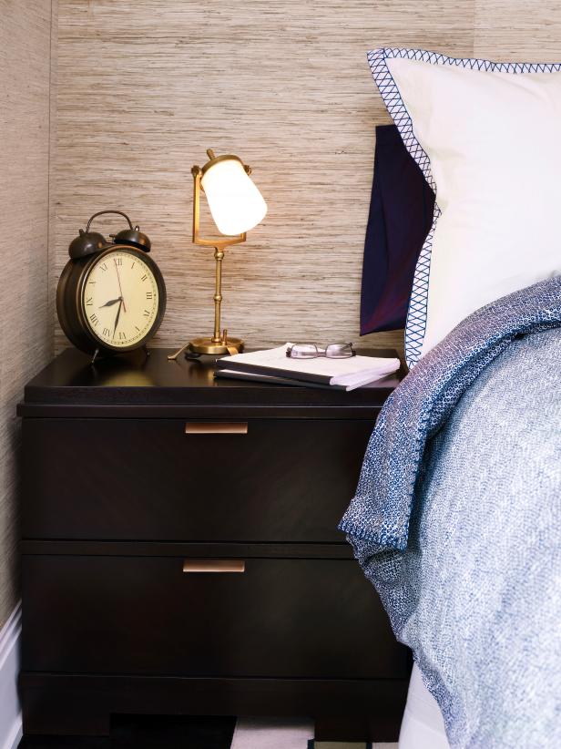 Transitional Dark Brown Nightstand With Gold Lamp Transitional Dark Brown Nightstand With Gold Lamp
