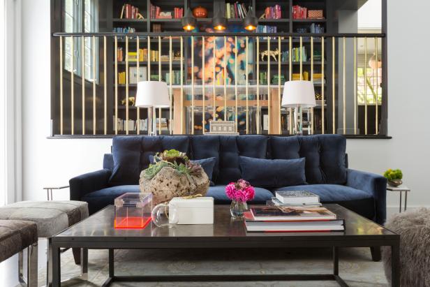 Modern Sunken Living Room With Blue Velvet Sofa Modern Sunken Living Room With Blue Velvet Sofa