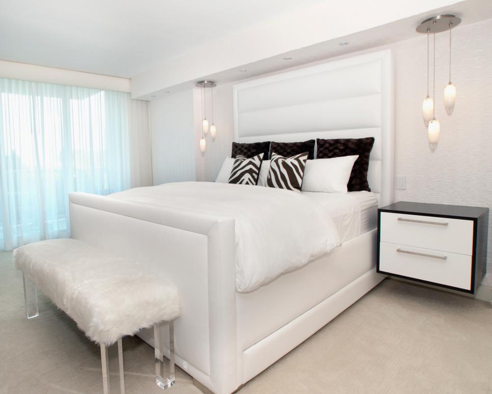 Spacious All White Bedroom With Layered Texture White Contemporary Bedroom With Black Accents