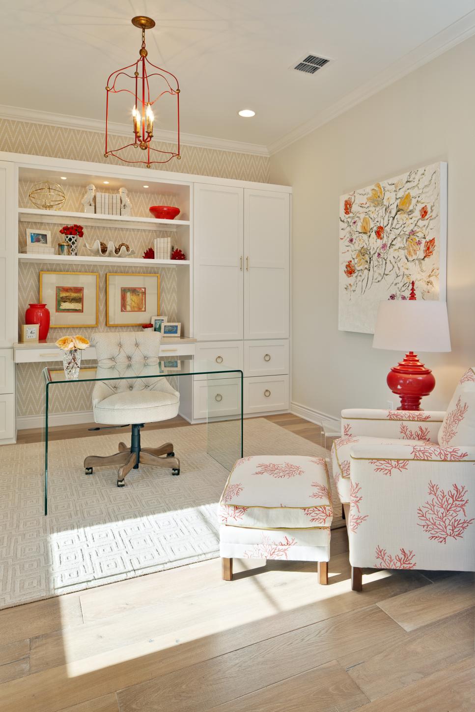 Neutral Contemporary Home Office With Red Wire Chandelier Neutral Home Office With Red Chandelier