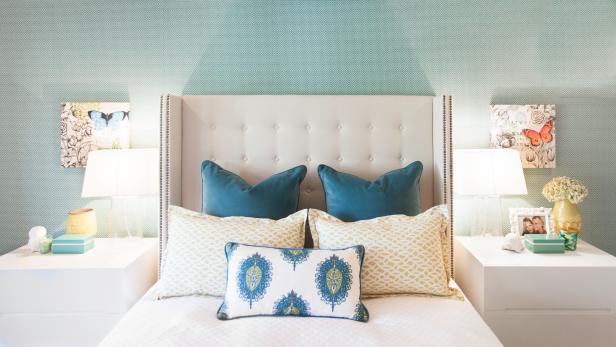 Transitional Blue Bedroom With Upholstered Headboard Transitional Blue Bedroom With Upholstered Headboard