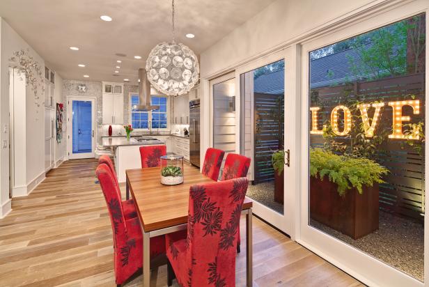Eclectic Open Plan Dining Room With Red Chairs Eclectic Open Plan Dining Room With Red Chairs