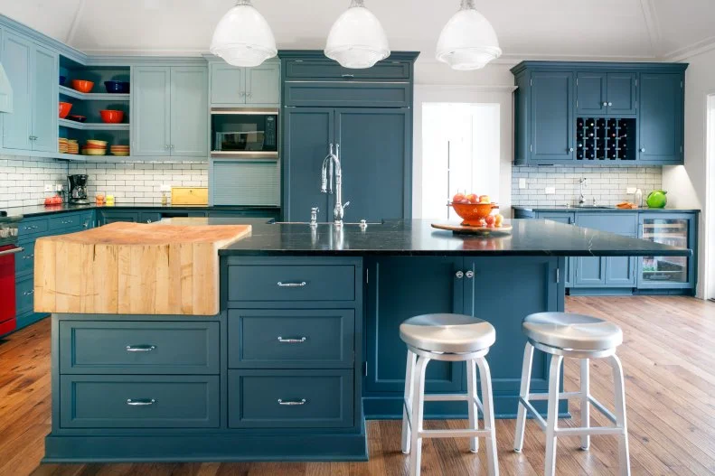 Kitchen Island With Blue Base, Black Countertop, Butcher Block