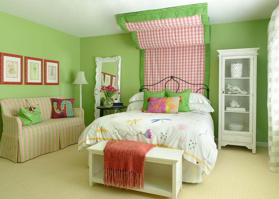 Teen Girl's Green Eclectic Bedroom With Fabric Headboard Girl's Lime Green Bedroom With White Accessories