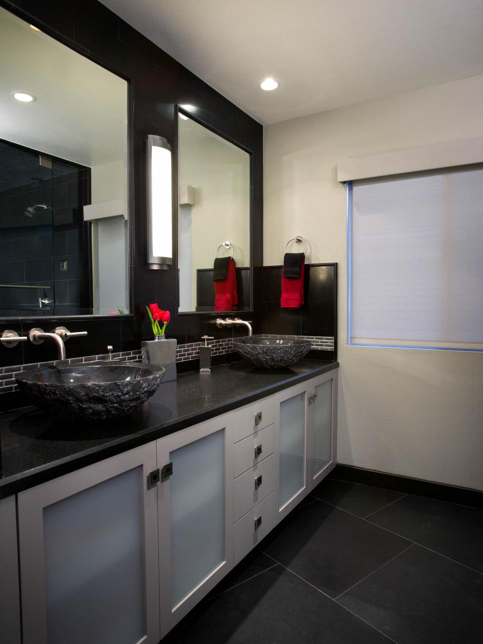 Black and White Bathroom With Double Vanity with Vessel Sinks