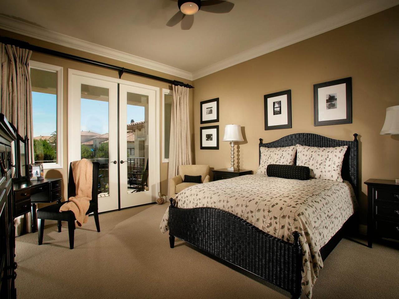 beige and black transitional bedroom with patio a guest bedroom ...