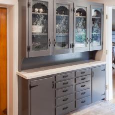 Gray Built-In Kitchen Cabinets with Floral Etched Glass Design