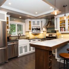 Gray Transitional Kitchen With Wood Island 
