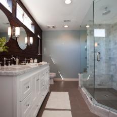 Transitional Gray Double Vanity Bathroom With Large Shower 