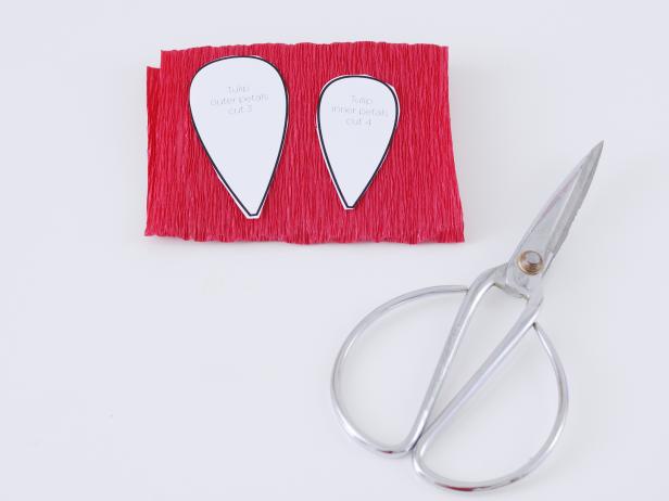 Cut the tulip petal templates out of the paper you printed them on, place on the folded crepe paper and cut them out.