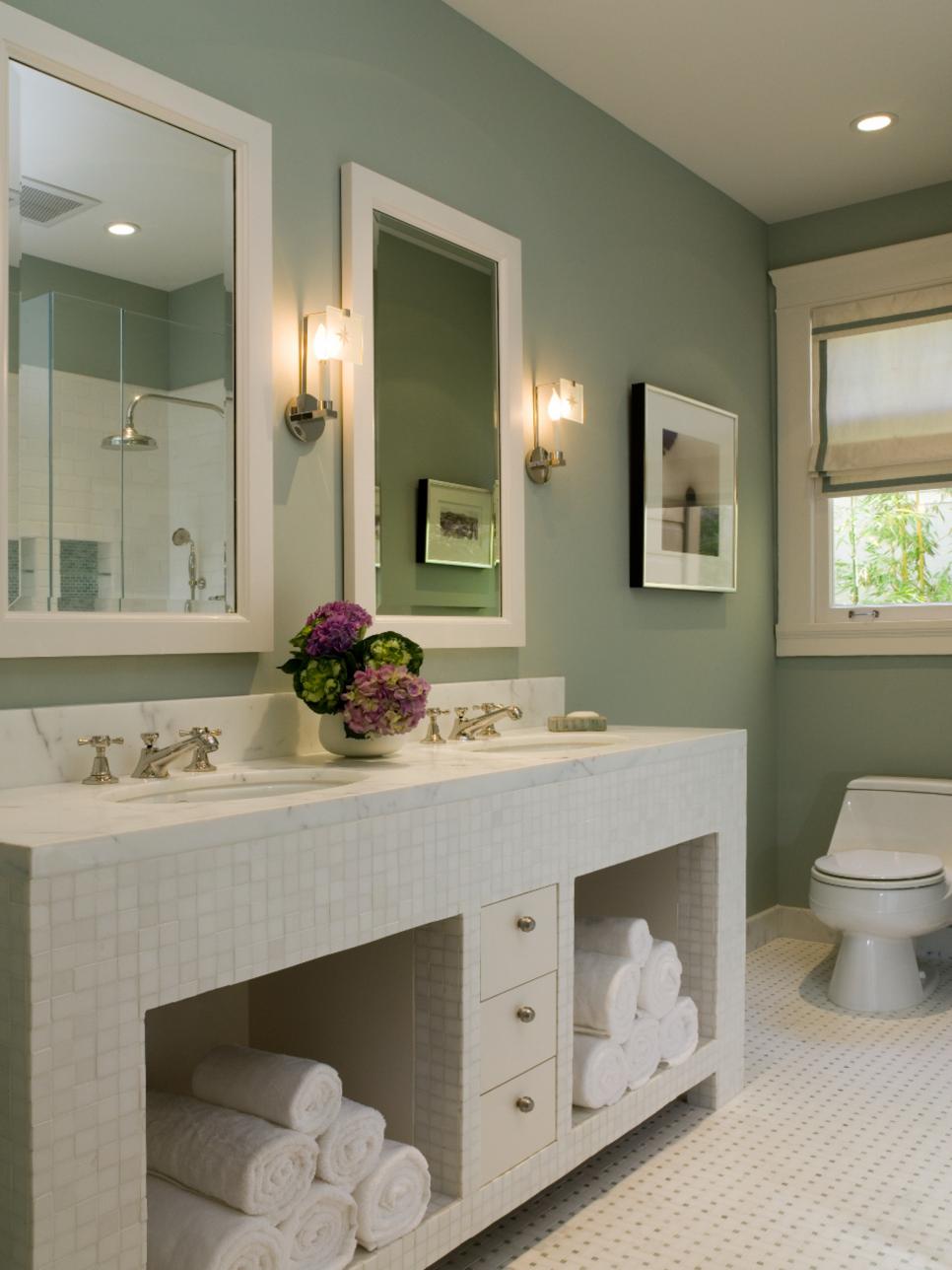 Green Bathroom With White Mosaic Tile Double Vanity