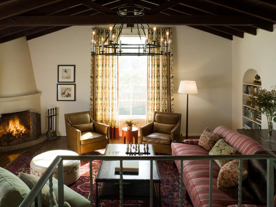 Mediterranean Living Room with Wood Beam Ceiling