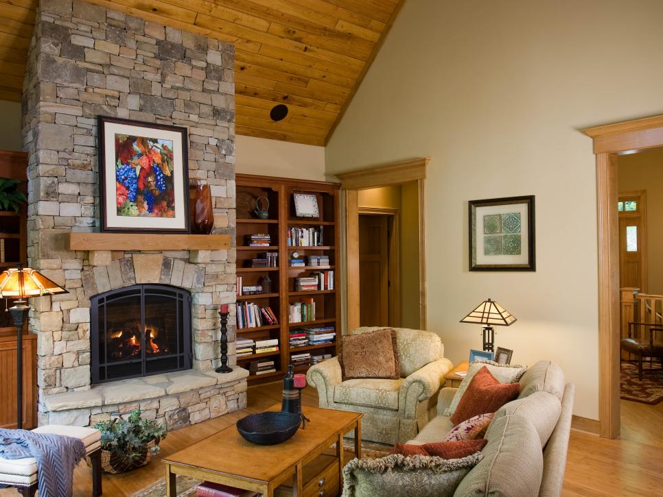 Neutral Craftsman-Style Family Room With Stone Fireplace